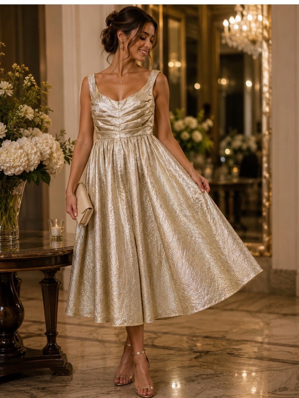 Mac Duggal Size 4 Champagne Gold Sleeveless A line Midi Cocktail Dress New $498